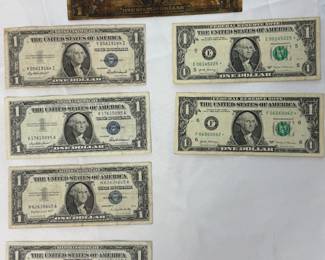 LOT OF 6 BLUE SEAL SILVER CERIFICATES AND ON "HORSE BLANKET" LARGE SIZE SILVER CERTIFICATE