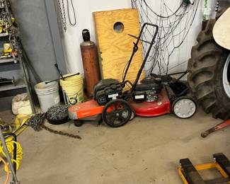 DR trimmer, starting of a corn hole game and push mower