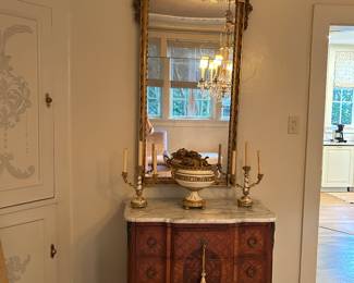 19th century French commode with ormolou and marquetry 😍, French gilt wood mirror, French 3 piece dining centerpiece set.