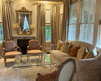 Fabulous Kissabeth sofa in designer fabric, Fortuny pillows, B. Vizard pillow, French bergere in Fortuny fabric, pair of French guilded fauteuils in Scalamandre stripe rare Allan Knight glass and lucite coffee table ( 4 foot square), 19th century giltwood mirror, bronze “Beekeepers” mantel mirror. All beautiful!🩷