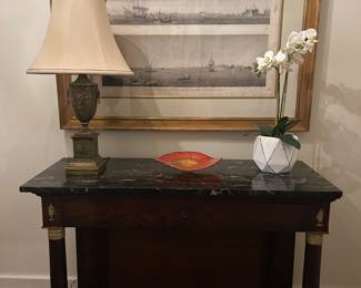 French Empire marble top console with bronze dore