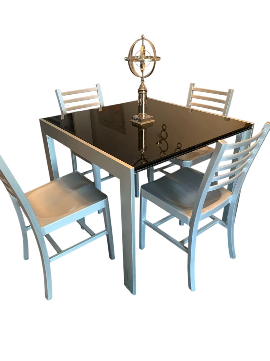 Italian Glass and Chrome Expandable Table with Four Aluminum Chairs