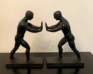Pair of French Bronze "Pushing" Bookends