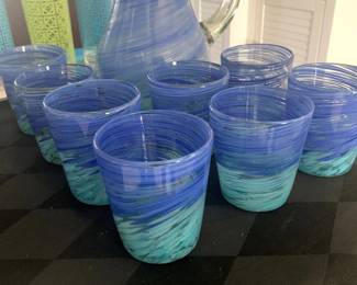 Crate and Barrel Two-Tone Swirl Tumblers and Pitcher