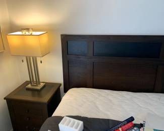 Contemporary Wood and Leather Headboard, Night Stands, and Highboy. Double Mattress