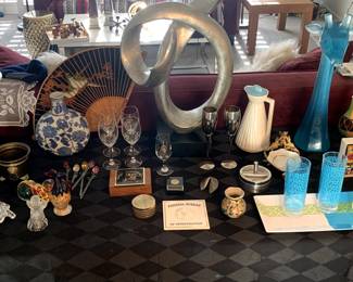Collection of Merril Lynch Memorabilia from San Francisco - Four Crystal Wine Glasses with Logo, Six Double Highball Glasses with Logo, Vintage Ceramic Coffee Pitcher with Blue Lid