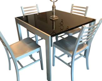 Italian Glass and Chrome Expandable Table with Four Aluminum Chairs