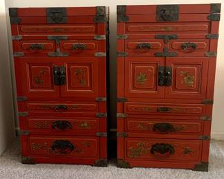 Pair of Antique Chinese Red Lacquer Cabinets