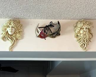 Set of Comedy and Tragedy Hand Carved Masks, Pair of Tree People Wall Plaques