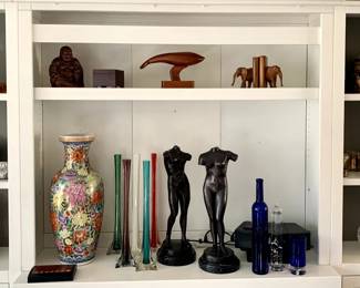 Miscellaneous Statues, Vases, San Fransisco Gold Trim Painted Ladies Double Highball, Murano Statue, Semi-precious Table Globe with Revolving Clock, 18" Set of Multi-colored Narrow Vases