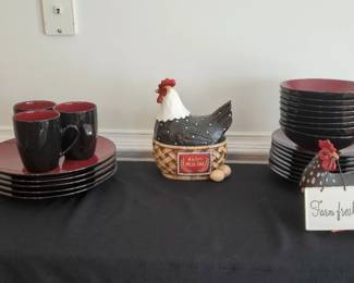 Burgundy And Black Thomson Pottery With Matching Chickens