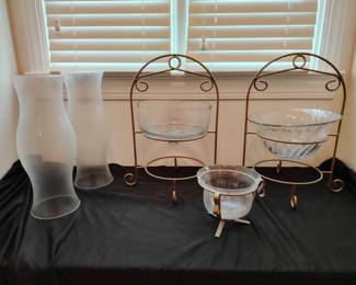 Decorative Glass Bowls and Hurricane Vase Lot with Metal Stands