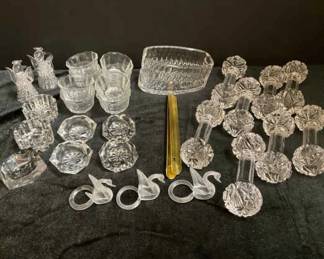 Misc. Crystal Dinner Party Items Including Vintage Pressed Glass Salt Cellars Crystal Spoon Rest