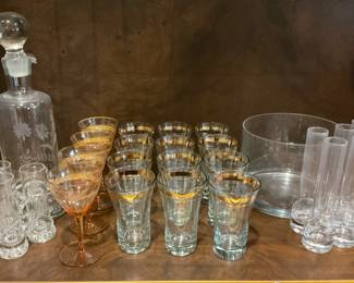 Vintage Barware Items Pitchers, Shot Glasses, Amber Martini Glasses