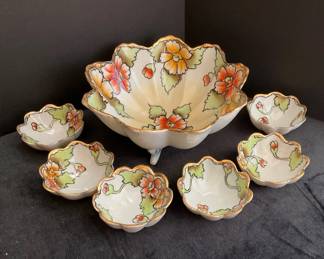 Vintage Japanese Hand Painted Porcelain Footed Nut Bowl With Six Smaller Bowls