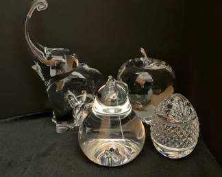 Vintage Lennox Glass Apple Pear Paperweights Plus Crystal Egg Glass Elephant Paperweights