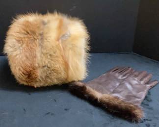 Fox Fur Muff Italian Leather Sable Trimmed Gloves