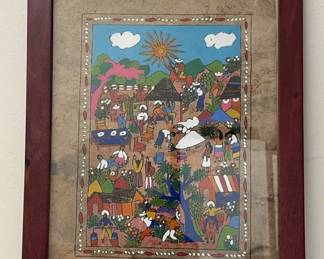 Mexican Village Folk Art Painting Bark Painting