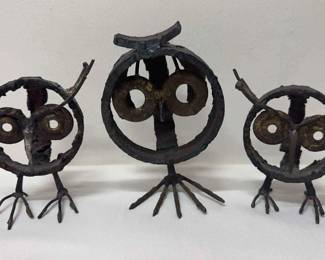 Vintage Brutalist Metal Owl Sculptures