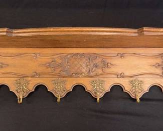 48 Dutch Carved Wood Shelf With Metal Cherub Beehive Coat Hooks