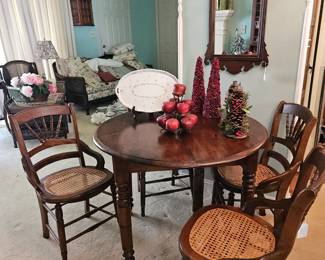 Antique Mahogany Wood Table & Caned Chairs, Antique Mirror
