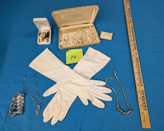 Vintage jewelry boxes, contents and gloves