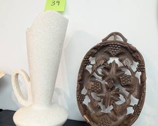 MCM Ceramic Pitcher and Carved Wood Tray