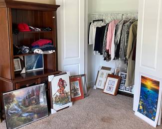 Various ladies sweaters, shirts, suits, coats, pants... Also, a variety of wall art