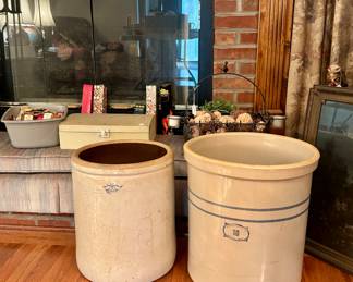 Huge vintage 8 gallon and 10 gallon crocks by Marshall Pottery and Robinson Ransbottom