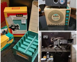 Sawyer 550R projector in original box, Kodak Kodascope and slide compartment files