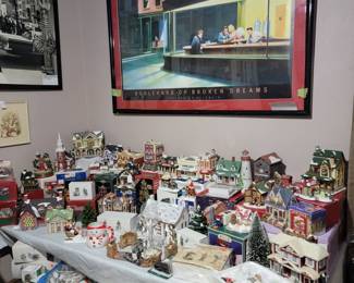 Dept 56, Lemax, and Hallmark village pieces and accessories.
