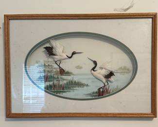 3-D Picture of Cranes made from real feathers.