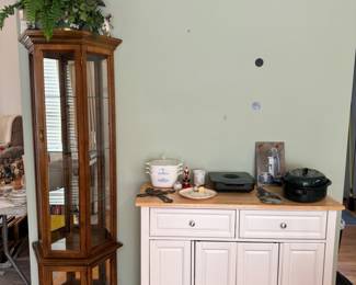Curio cabinet; rolling island cart with storage