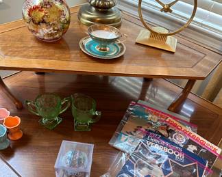 Lane Copenhagen Corner Table; Jefferson Golden Hour Clock; Green depression glass sugar and creamer; Detroit Tigers collectors baseball; Detroit Tiger Yearbooks