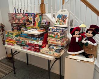 Vintage board games; animatronic Christmas Mickey & Minnie