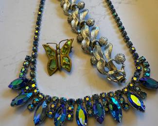 Abalone Shell Butterfly Brooch, Silver-Tone Floral Design Bracelet, Iridescent Blue Rhinestone Necklace