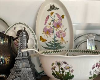 Silver Tone Eiffel Tower Bookends, Portmeirion Botanic Garden Austrian Lily Servng Platter, Portmeirion Botanic Garden Punch Bowl