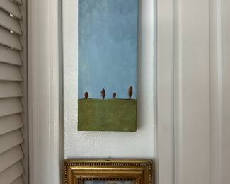 Minimalist Landscape with Trees Against Open Sky Acrylic Painting on Canvas, Framed Natural Stone Mosaic of Italian Landscape