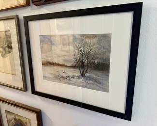 Framed & Matted Snowy Landscape Watercolor by Thomas A. Olson