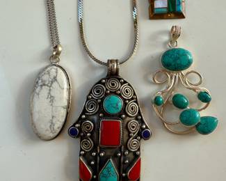White Howlite Oval Pendant Necklace, Tibetan Turquoise Hamsa Hand Pendant Necklace, Multi-Stone Inlay Pendant Necklace