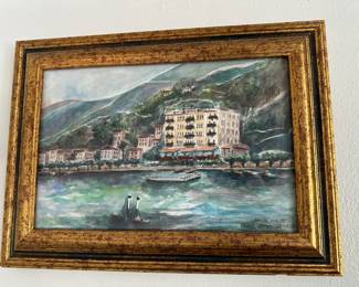 Framed Watercolor Painting Depicting the Grand Hotel Tremezzo on Lake Como in Italy by Masits Agnes