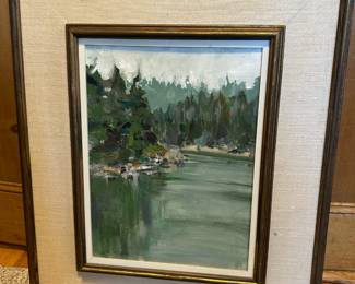 Framed Tranquil Lake Scene Oil Painting
