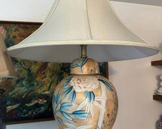 Ceramic Hand-Painted Floral and Bamboo Table Lamp with Cream Shade