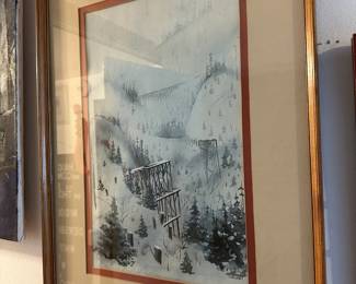 Framed & Matted Snowy Moutain Scene with Wooden Trestle Bridges by Steidel