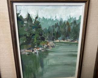 Framed Tranquil Lake Scene Oil Painting