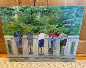 Oil Painting on Canvas of Children Looking Over Bridge Railing by BR Keightley