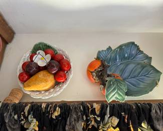 Italian Ceramic Fruit Basket, Japanese Porcelain Persimmon & Leaf Bowl