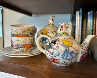 Pair of 2004 Paul Cardew Design Alice in Wonderland's Teapots & Pair of Teacup & Saucers