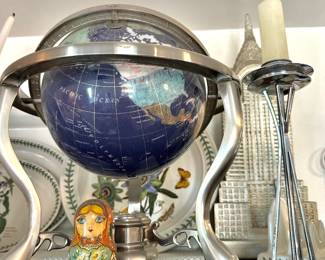 Gemstone & Lapis Ocean Tabletop Globe with Silver Tone Stand