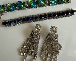 Iridescent Green & Blue Rhinestone Bracelet, Blue Rhinestone Bracelet, Clear Rhinestone Waterfall Dangle Earrings